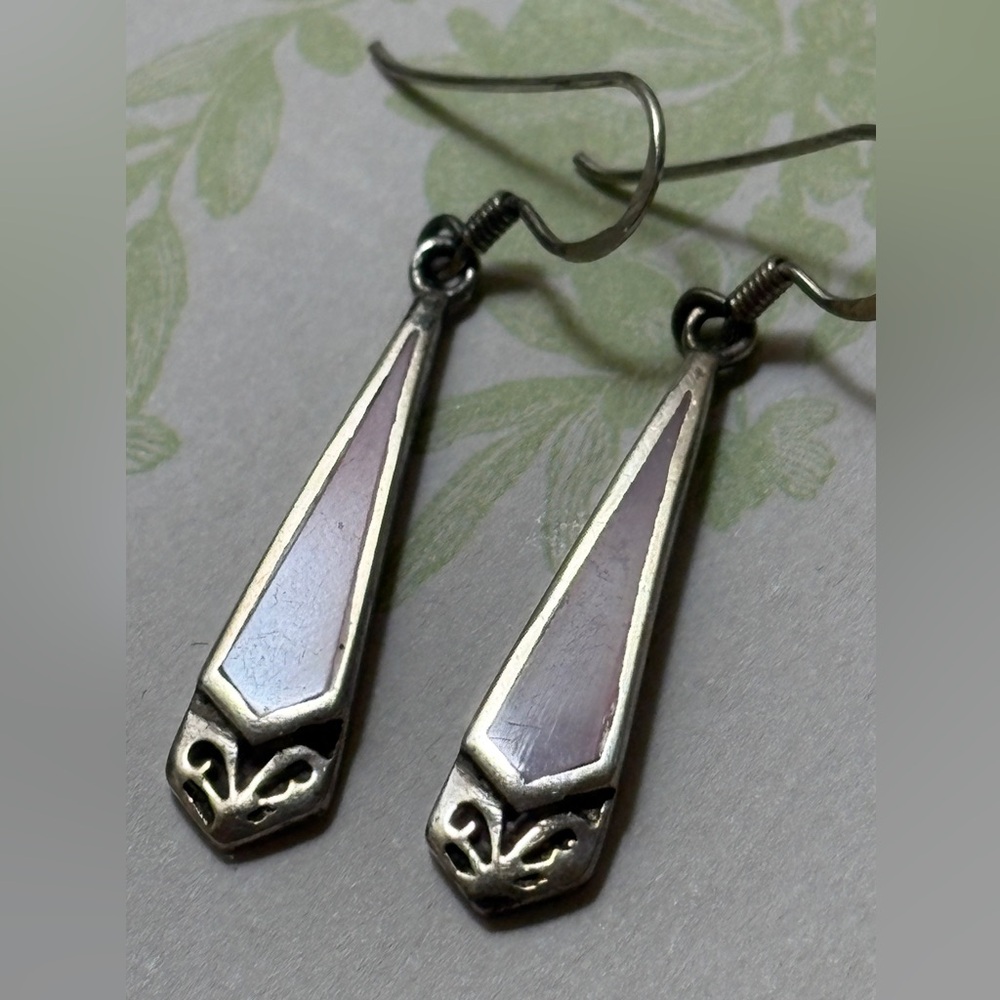 Sterling Silver 925 Pink Mother of Pearl Inlay Geometric Drop Earrings